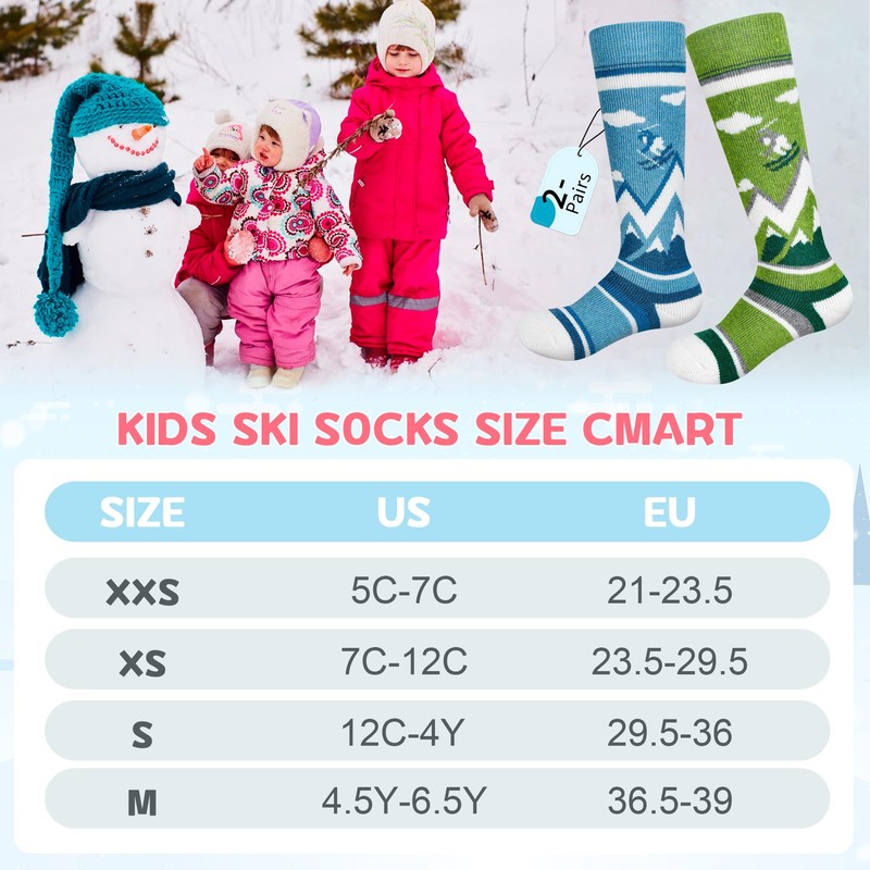 unenow Merino Wool Ski Socks Kids 2 Pairs, Winter Warm