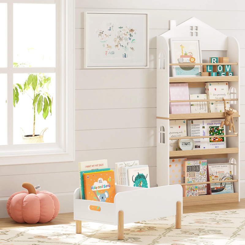 UTEX Montessori Bookshelf for Toddlers, Wooden Book Caddy with Adjustable