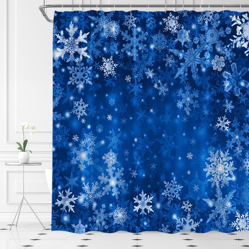 Blue Snowflake Shower Curtain Merry Christmas Fantasy Snowy Dreamy Winter