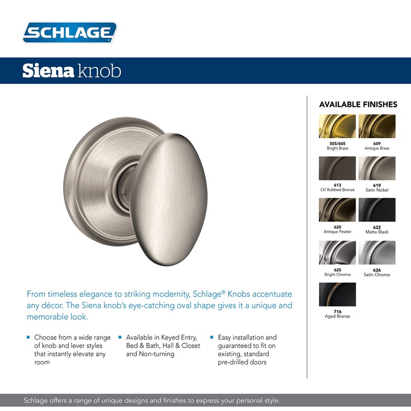 Schlage F10 V SIE 619 Sienna Door Knob, Hall &
