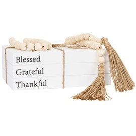 OMISHE Decorative Books for Home Decor, White Faux Books for Decoration, Decor Books, Fake Books, Rustic Farmhouse Stacked Display Books with Wood Bead Garland for Coffee Tables Living Room (Blessed)