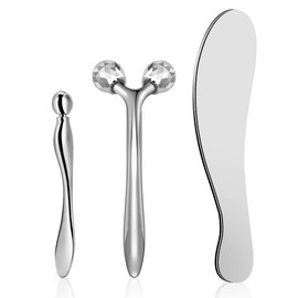 Face Roller, Large Stainless Steel Metal Guasha & Eye Cream Applicator Facial Tool Set Eye Massager Lymphatic Drainage Gua Sha for Face Neck