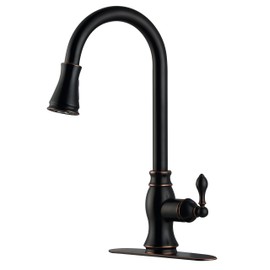 Derengge Oil Rubber Bronze Kitchen Sink Faucet,Single Handle Pull-Down Kitchen Faucet,with Deck Plate for Farmhouse, Camper, Laundry, Rv, Bar, 1 Hole or 3 Hole Installation,FK-C258D-ORB-TUD