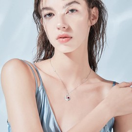 FANCIME Ruby Necklace 925 Sterling Silver July Birthstone Moon Star Pendant Red Created Gemstone Fine Jewelry Birthday Anniversary Christmas Gifts for Women Daughter, Adjustable Chain 16"+2"