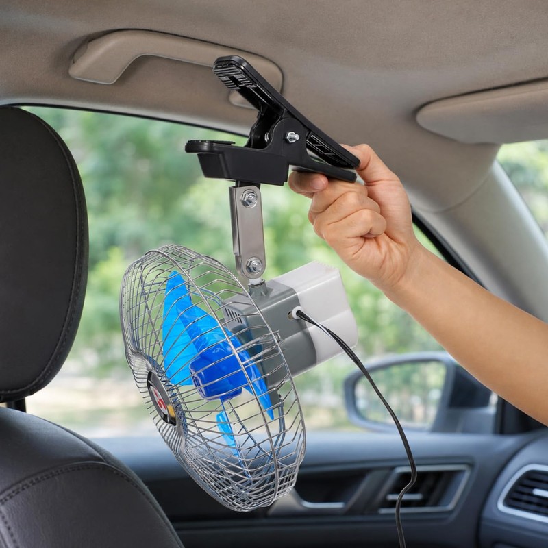 Toyvian 12v Oscillating Car Fan, 8-inch Clip-on Silent Metal Portable