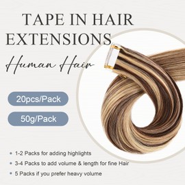 Originea Tape-In Real Hair Extensions, 20 Pieces, 50 g, 35 cm, Medium Brown Mix Light Brown Extensions, Real Hair, Invisible Tape Extensions, Silky Skin Weft Tape Ins #P4/27
