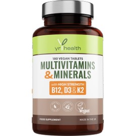 Vegan Multivitamins & Minerals with Vitamin B12, D3 & K2, Zinc and Iron, 180 Vegan Society Registered Tablets for Men and Woman, 6 Month Supply - Made in The UK by YrHealth