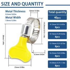 40Pcs Adjustable Hose Clamps Kit 8-29mm Key-Type Stainless Steel Thumb Screw Worm Gear Hose Clamp with Handle for Water Pipe Plumbing Fuel lines Cables Automotive and Mechanical Application