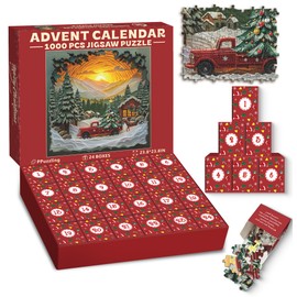 Advent Calendar 2024 Christmas Snowy Forest Sunset Puzzle for Adults 1000 Piece, Christmas Countdown Calendar 24 Days Jigsaw Puzzle, 3D Puzzle Vintage Red Truck with Christmas Tree, Cabin Scene Puzzle