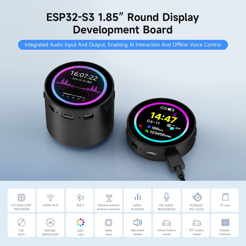 Waveshare ESP32-S3 1.85inch Round LCD Development Board, 360×360, Supports W-F
