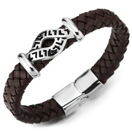 COOLSTEELANDBEYOND Infinity Knot Brown Leather Bracelet Genuine Braided Leather Wrist Band, Stainless Steel, Mens Women