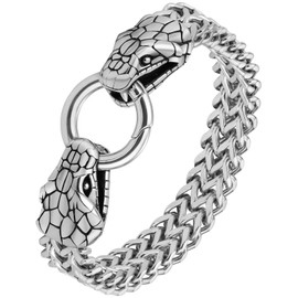 LuxGoth Stainless Steel Double Snake Heads Heavy Cuban Link Chain Bracelet Gothic Punk Rock Biker Vintage Viking Snake Franco Link Curb Bracelet Jewelry for Men Silver GTS-B1B45033