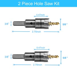 TCT Hole Saw Set, 2-Pack of 5/8" (16mm) Heavy Duty Tungsten Carbide Tipped Hole Cutters for Stainless Steel Mild Steel Copper Iron Brass Plastic and More, with Titanium-Plated Pilot Drill Bits