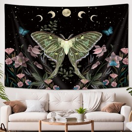 Drgilau Yellow Moth Tapestry Wall Hanging, Moon Phase Stars Cute Plants Butterfly Floral Botanical Nature Aesthetic Celestial Wall Tapestries for Bedroom Home Living Room Dorm 40X30 Inch