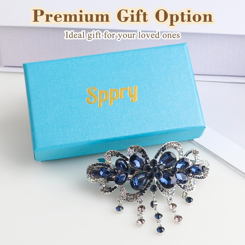 Vintage Royal Rhinestone Tassel Hair Barrette, Dark Blue