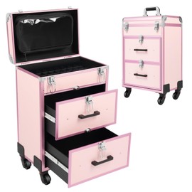 ZERNEIL Professional Rolling Makeup Train Case with Drawers Large Cosmetic Trolley with Locks, Make up Bag with dividers, 3 Layer Cosmetics Storage Organizer for Make-up Artists Hairdressers (Pink)