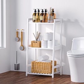 POXAKA 3 Tier Bamboo Bathroom Shelves, Ladder Shelf for Storage, Rustic Home Organizer, Space-Saving Design, Stylish Display Nightstand, Stylish Storage Solution for Home, Living Room, Kitchen