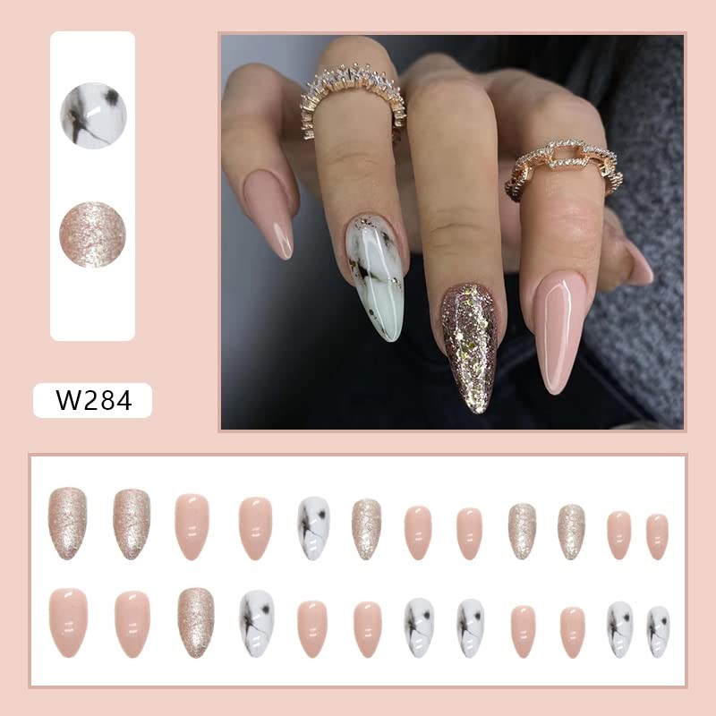 24 Uñas Postizas Medianas Almendradas Con Pegamento. Set De Uñas