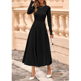 PRETTYGARDEN Women's Long Sleeve Midi Sweater Dress 2025 Fall Crewneck Knit A Line Pleated Wedding Guest Winter Dresses (Black,Large)