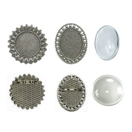 ALL in ONE Brooch Cabochon Set: 10pcs Mixed Style Cabochon Frame Setting Tray Brooch with 10pcs Glass Dome for DIY Jewelry Making Jewelry Making DIY Findings (Antique Silver 20pcs)