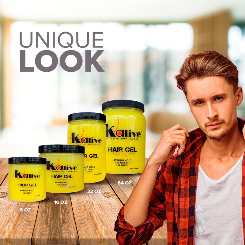 KALIVE Men's Hair Styling Gel 8 oz, Strong-Hold and Light