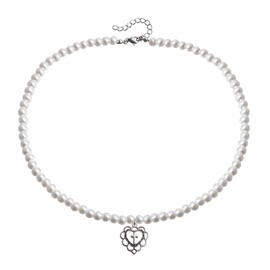 Prom Necklace Y2K Cross Heart Choker Necklace White Round Freshwater Pearl Chain Necklace Dainty Pearl Heart Collar Necklace for Women (silver)