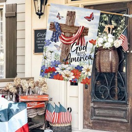 ARGOOFG God Bless America Patriotic 4th of July House Flag 28x40 Inch Double Sided Outside Independence Memorial Day Decorative Cross Floral Outdoor Garden Yard Porch Decorations 5-28