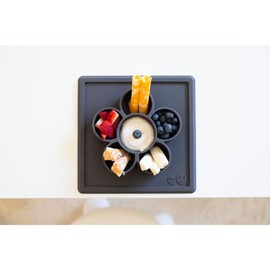 ezpz Mini Play Mat for Baby + Toddler (Slate) - 6 Months+ - Suction Plate with Flower Compartments for Crafts, Painting, Sorting, Snack Time - Promotes Pincer Grip