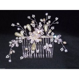 Crystal Bridal Hair Comb Ivory Flowers Pearl, Clear Rhinestone Crystal and Beads 9172