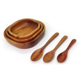 BestySuperStore Tiny Nesting Square Wood Bowls Mix Size 6¼”, 5½”, 4½” Stackable Acacia Wooden Bowl Set with 3 spoons for serving salad dip sauce snack rice pasta cereal Decor Tableware Nest Dish Sets