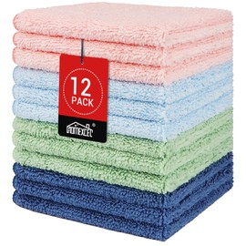 HOMEXCEL Microfiber Washcloths 12 Pack, Highly Absorbent and Soft Face Towel, Multi-Purpose Wash Cloths for Bathroom, Gym, Hotel, Spa and Kitchen, Multicolor 12x12 Inch | HOMEXCEL