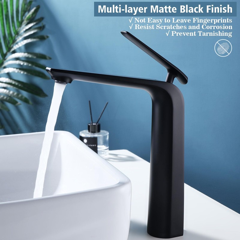 TOCALOCA Black Bathroom Faucet Tall Vessel Sink Faucet Matte Black