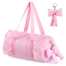 Bulyoou Quilted Puffer Ballet Dance Bag Cute Tote Bag with Hanging Bow Pendant for Travel Dancing Dress(Lovely)