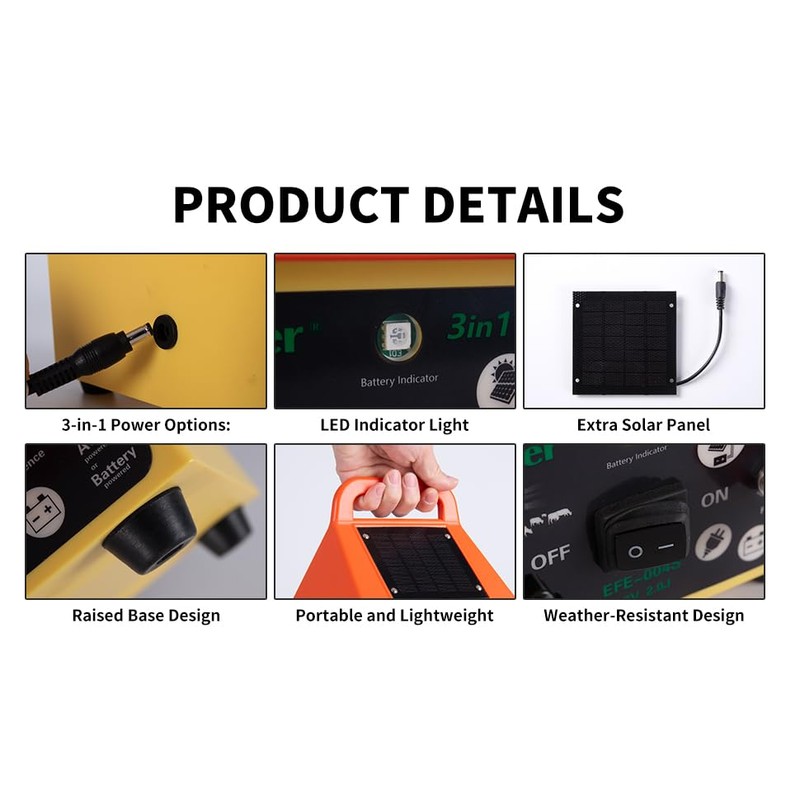 24 Hour Solar Electric Fence Charger,3-in-1 Electric Fence Charger,20 Miles,Solar/BatteryAC