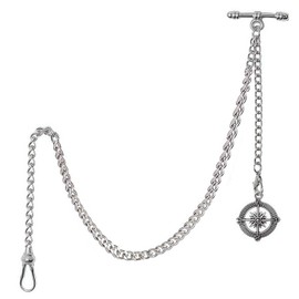 Kchss Pocket Watch Chain Double Albert Chain T-Bar Watch Chain with Compass Rudder Pendant Silver