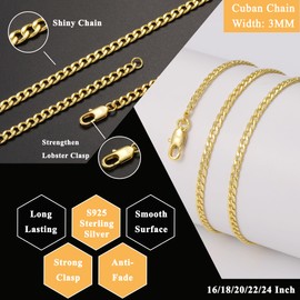 Rajputana Gold Chain Necklace For Men 3mm Gold Cuban Link Chain For Men Boy Gold Men's Chain Necklaces Sturdy Curb Chain Jewelry Gifts 20 Inch