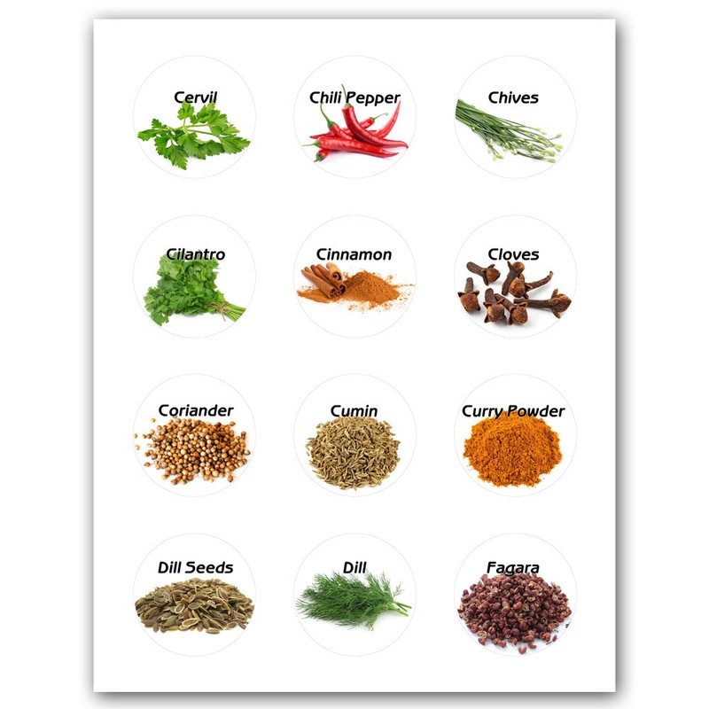60 Spices Round Circle Jar Bottle Illustrated Stickers Labels
