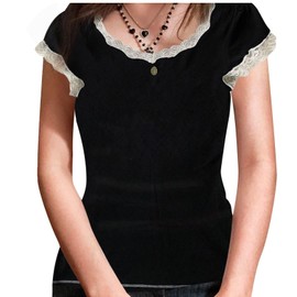 Women's Y2k Fairy Grunge Shirts See Through Square Neck Lace Tops Vintage Goth Aesthetic Shirt Coquette Clothes (Lace Black, M)