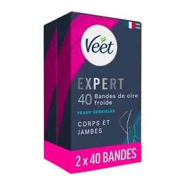 Veet Expert 80 Wax Strips for Body & Legs - Sensitive Skin - Perfect Workmanship - Long Lasting Hair Removal - 2 x 40 Strips