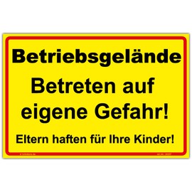 Sign "Betriebsgelände, Betreten auf eigene Gefahr!" Sign 300 x 200 mm Yellow Landscape Format Sturdy Aluminium Composite Panel 3 mm Thick