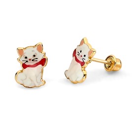 14k REAL Yellow Gold CZ Enamel Cat Stud Earrings with Screw Back