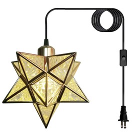 JLOWCO Gold Farmhouse Pendant Lights Kitchen Island,Indoor Plug in Hanging Light Fixture with 16.5ft Cord and Switch,Moravian Star Lights for Bedroom Hallway Porch Etc(LED Bulb Include)