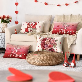 AVOIN colorlife Valentine's Day Hugs and Kisses Dwarf Throw Pillow Covers, 12 x 20 Inch Be Mine Rose Bouquet Anniversary Wedding Cushion Case Decoration for Sofa Couch Set of 4