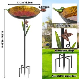 YALINKA Metal Bird Bath for Outside, 41.5" Detachable Birdbath with Bowl & Decorative Birds, Easy to Clean Iron Garden Birdbath & Feeder for Outdoor Garden Lawn Yard Decor(Red+Yellow)