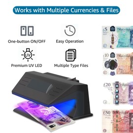 Note Checker for Counterfeit Money Detection UK Plug Portable UV Light Detector for Polymer and Paper Notes Fluorescent Mark Tracer for Home Shops Hotels Supermarkets Restaurants