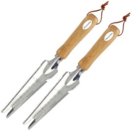 2 Pack Garden Weeding Tool, Stainless Steel Hand Weeder & Garden Trowel with Serrated Edge and Depth Measurement Marks, Wooden Handle Gardening Tool for Digging, Planting, Transplanting & Weed Removal