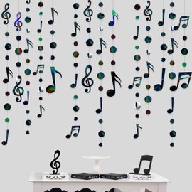 Black Iridescent Music Notes Circle Dot Garland Holographic Paper Musical Notes Cutouts Streamer for Music Concert 50's Theme Birthday Baby Shower Wedding Engagement Hen Party Decorations Supplies