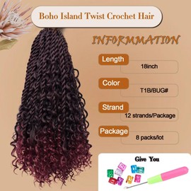 Boho Island Twist Crochet Hair 8 Packs 18 Inch Omber Burgundy Pre-Looped Goddess Senegalese Twist Crochet Hair with Curly Ends Boho Style Braids for Women T1B/BUG#
