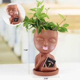 Meltset M Face Planters Pots Head for Indoor Outdoor Plant Unique Head Planter Holding Book Confessional Girl Face Flower Pot with Drainage for Succulent Cactus String of Pearls Plant Gift (Brown)