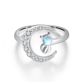 TANGPOET Cat Ring 925 Sterling Silver Moonstone Cat Ring, Adjustable Thumb Ring, Birthday Jewellery Gifts for Girls Children, Sterling Silver